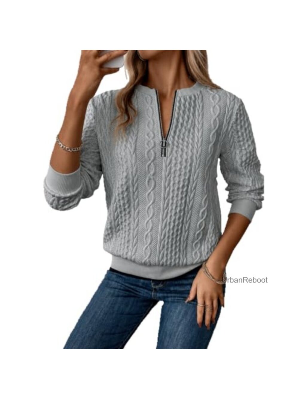 Textured Quarter Zip Long Sleeve Pullover Sweatshirt